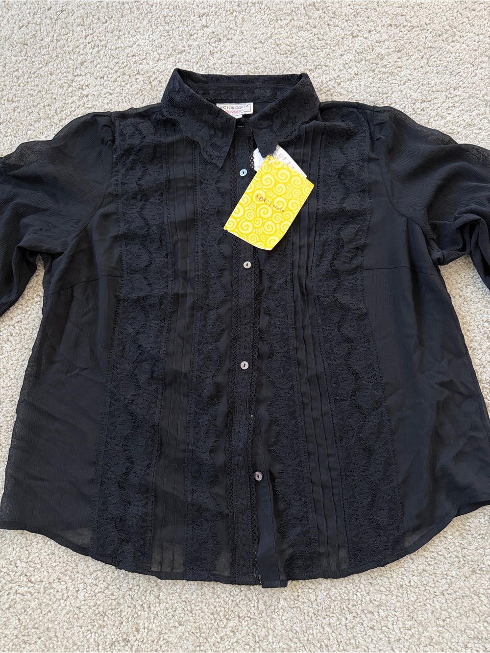 Victor Costa Black Lace-Front Button Blouse